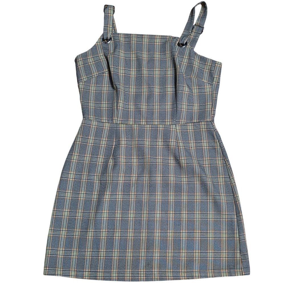 Bebop Plaid Pinafore Dress‎ Women's Size M Gray Square Neck Adjustable Straps